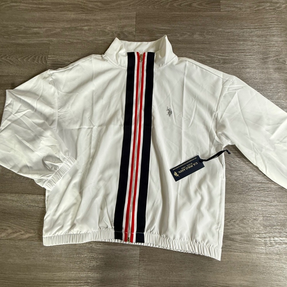 US‎ Polo Assn Womens White Full Zip Windbreaker Jacket Racing Stripe Medium NWT